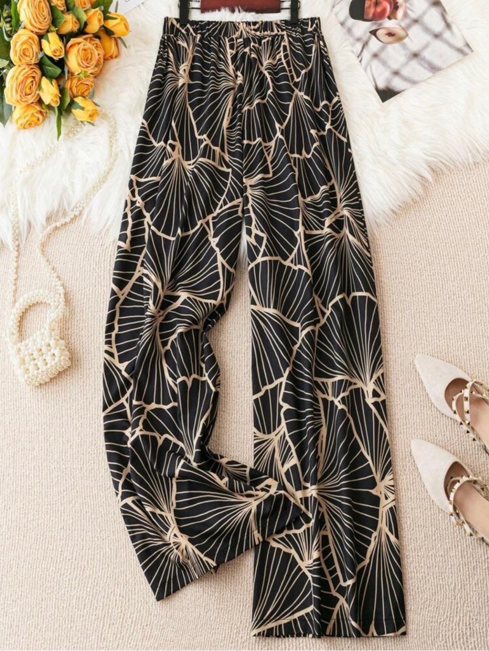 SHEIN Black & Beige Abstract Wide Leg Pants